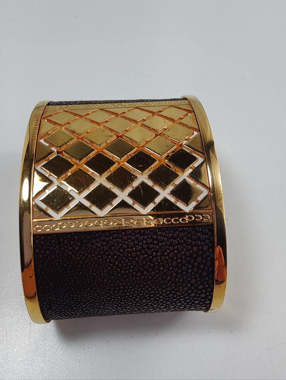 Rebecca Italy Wide Gold Tone Brown Textured Cuff Bracelet Designer Statement - Picture 11 of 14